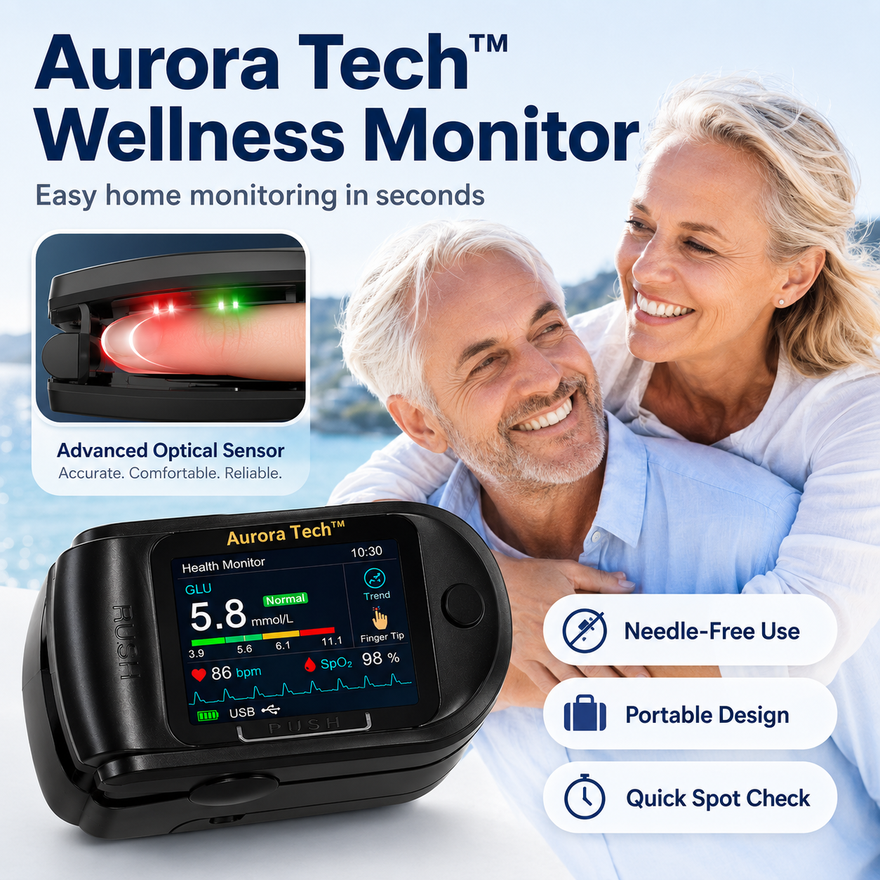 Aurora Tech™ Non-Invasive AI Blood Sugar Analyzer