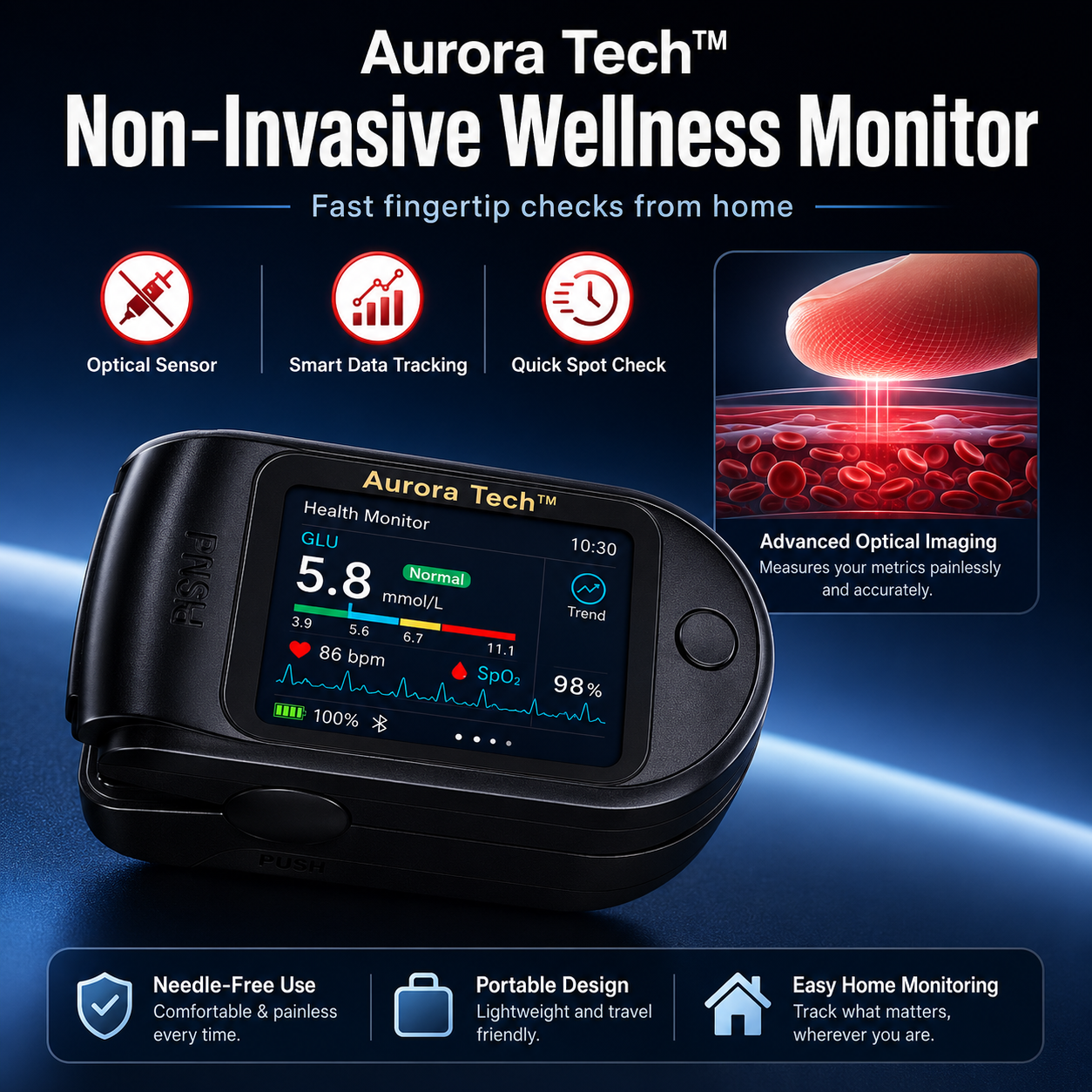 Aurora Tech™ Non-Invasive AI Blood Sugar Analyzer